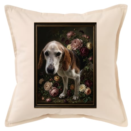 犬（ビーグル）クッション 45cm 花の油絵風カラーアート