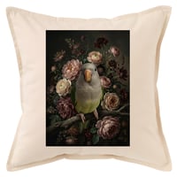 インコ（オキナインコ）クッション 45cm 花の油絵風カラーアート