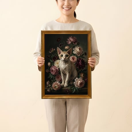 猫（デボンレックス）の花に囲まれた油絵風アート A3額装インテリア壁掛け