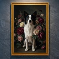 犬（ボーダーコリー）の花に囲まれた油絵風アート A4金縁額装インテリア壁掛け