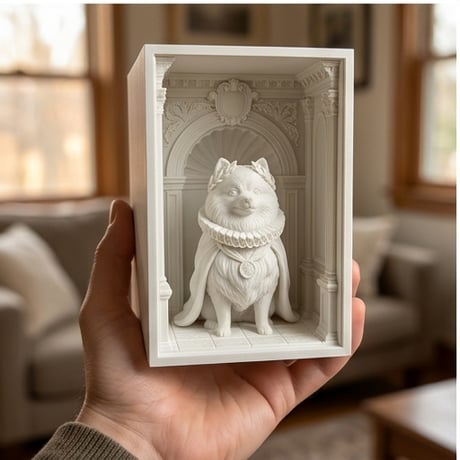 犬（ポメラニアン）の3Dプリント ブックヌーク 白PLA 本棚インテリア