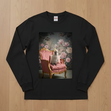 インコ（タイハクオウム）長袖Tシャツ ロココ調シャビーピンク ブラック 男女兼用