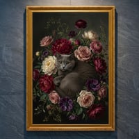 猫（ブリティッシュショートヘア）の花の油絵風アート A4金縁額装インテリア壁掛け