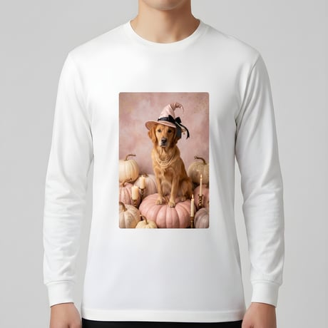 犬（ゴールデンレトリバー）長袖Tシャツ ハロウィン限定 ホワイト 男女兼用
