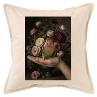 インコ（コザクラインコ）クッション 45cm 花の油絵風カラーアート