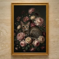 猫（シンガプーラ）の花に囲まれた油絵風アート A3額装インテリア壁掛け