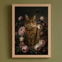 猫（ソマリ）の花に囲まれた油絵風アート A4額装インテリア壁掛け