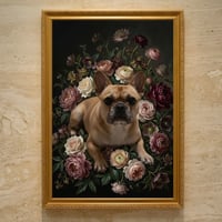 犬（フレンチブルドッグ）の花に囲まれた油絵風アート A3額装インテリア壁掛け