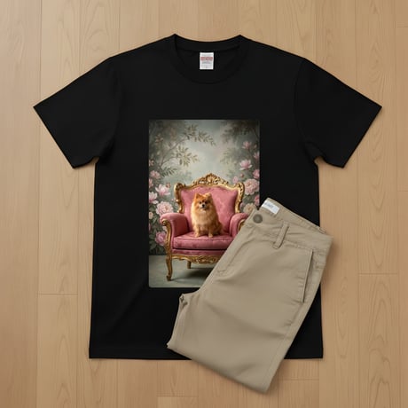 犬（ポメラニアン）半袖Tシャツ ロココ調シャビーピンク ブラック 男女兼用
