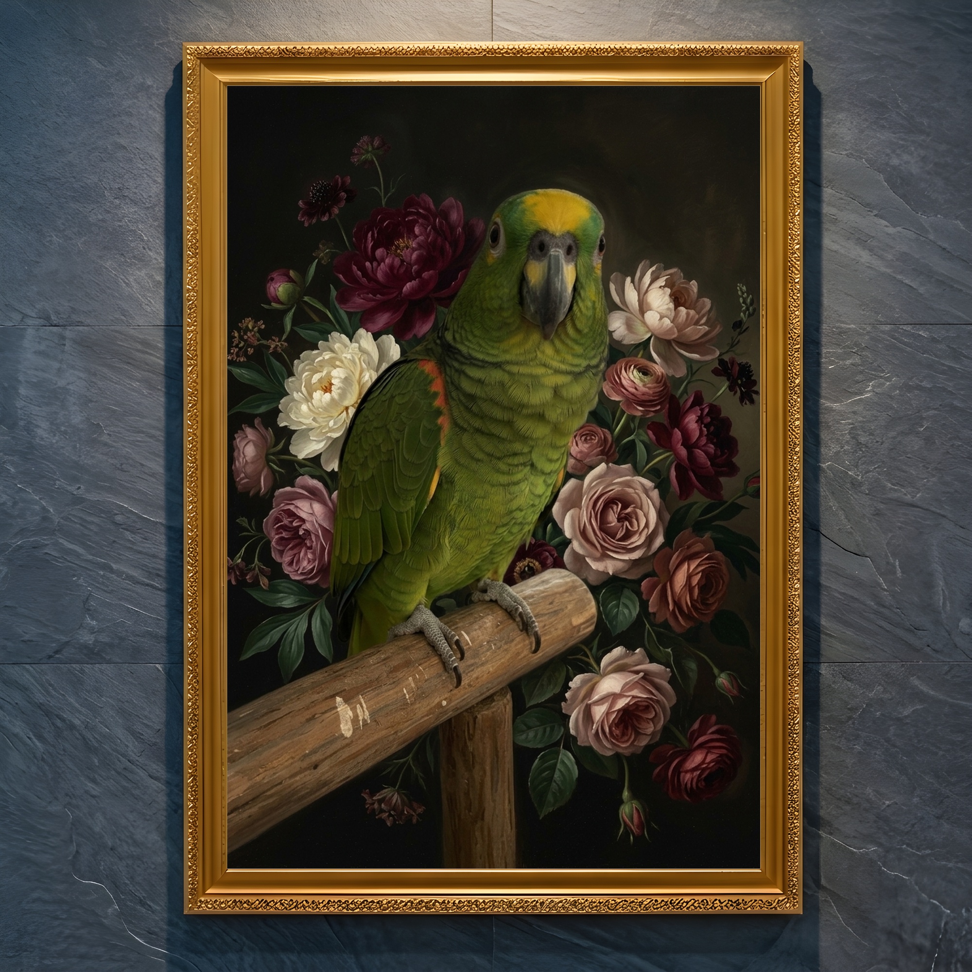 インコ（キエリボウシインコ）の花の油絵風アート A4金縁額装