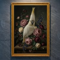 インコ（キバタン）の花に囲まれた油絵風アート A4金縁額装インテリア壁掛け