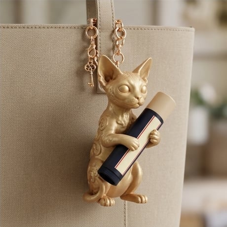 猫（デボンレックス）の3Dプリント リップケース シルクゴールド キーホルダー