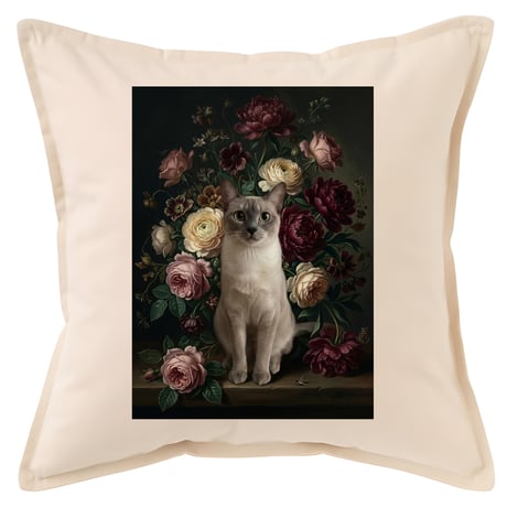 猫（バーミーズ）クッション 45cm 花の油絵風カラーアート