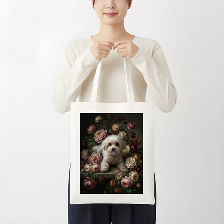 犬（マルチーズ）トートバッグ 花の油絵風アート キャンバス地