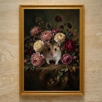 ハムスター（ロボロフスキーハムスター）の花の油絵風アート A3額装