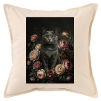 猫（シャルトリュー）クッション 45cm 花の油絵風カラーアート