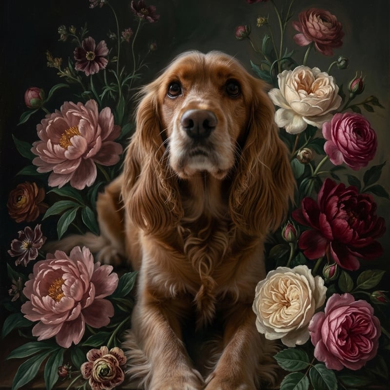 犬（コッカースパニエル）の花に囲まれた油絵風アート A4金縁額装