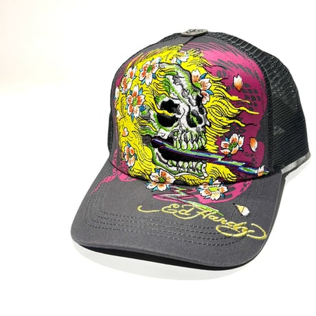 USA買付 ED HARDY SKULL BLOSSOM TRUCKER MESH CAP CHARCOAL US-45