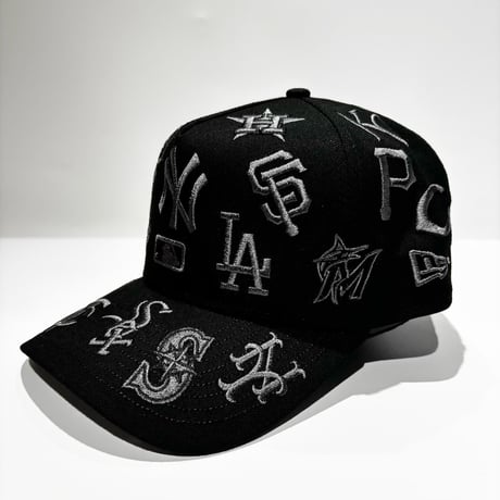 USA買付　 NEW ERA MLB All Over Team Logo 9FORTY A-Frame Cap – Black / Monochrome　 NE-80