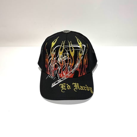 USA買付 ED HARDY COWBOY SKULL RHINESTONE TRUCKER MESH CAP BLACK US-40