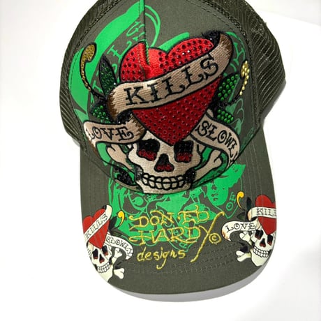 USA買付 ED HARDY LOVE KILLS SLOWLY RHINESTONE TRUCKER MESH CAP OLIVE US-42