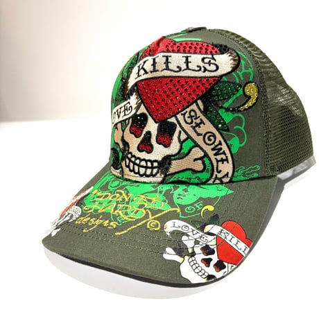 USA買付 ED HARDY LOVE KILLS SLOWLY RHINESTONE TRUCKER MESH CAP OLIVE US-42