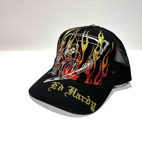 USA買付 ED HARDY COWBOY SKULL RHINESTONE TRUCKER MESH CAP BLACK US-40