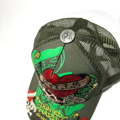 USA買付 ED HARDY LOVE KILLS SLOWLY RHINESTONE TRUCKER MESH CAP OLIVE US-42