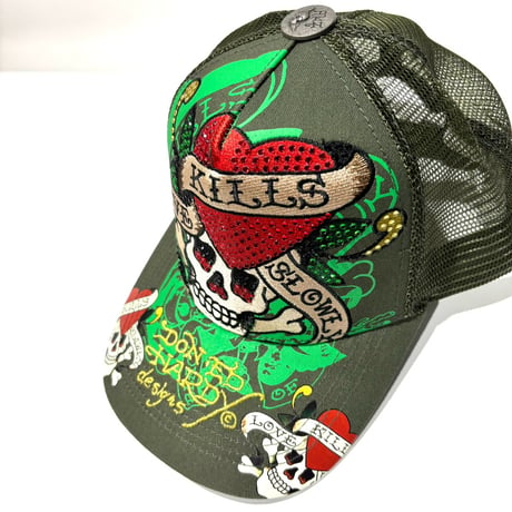 USA買付 ED HARDY LOVE KILLS SLOWLY RHINESTONE TRUCKER MESH CAP OLIVE US-42
