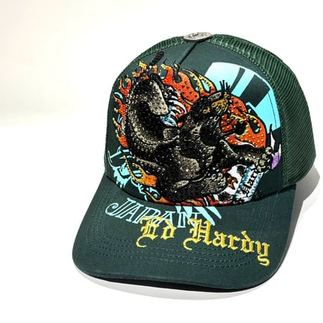 USA買付 ED HARDY BLACK PANTHER RHINESTONE TRUCKER MESH CAP GREEN US-44