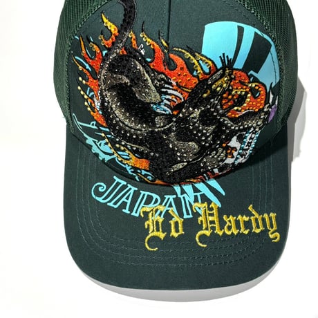 USA買付 ED HARDY BLACK PANTHER RHINESTONE TRUCKER MESH CAP GREEN US-44