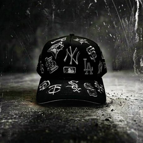 USA買付　 NEW ERA MLB All Over Team Logo 9FORTY A-Frame Cap – Black / Monochrome　 NE-80