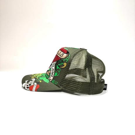 USA買付 ED HARDY LOVE KILLS SLOWLY RHINESTONE TRUCKER MESH CAP OLIVE US-42