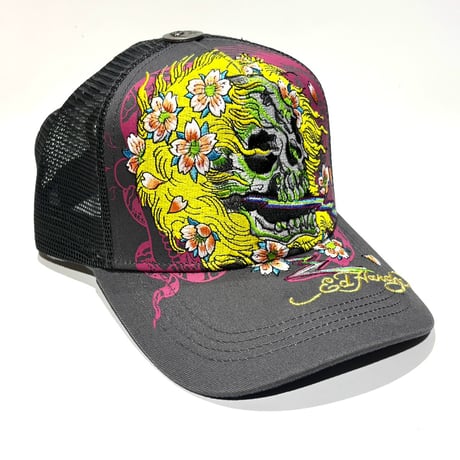 USA買付 ED HARDY SKULL BLOSSOM TRUCKER MESH CAP CHARCOAL US-45