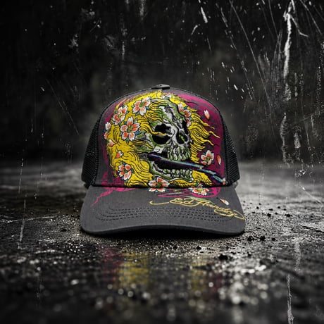 USA買付 ED HARDY SKULL BLOSSOM TRUCKER MESH CAP CHARCOAL US-45