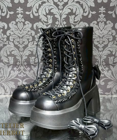ATELIER-PIERROT／Chunky Frilled Ribbon Boots（ブラック）S～XLの4サイズ展開