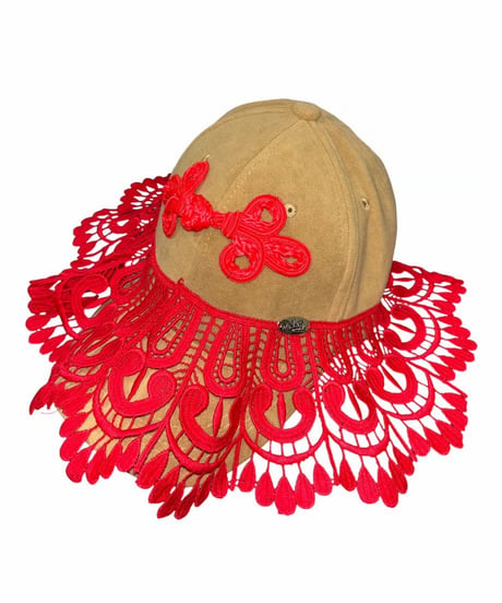 mother's made/マザーズメイド 602801 レース＆チャイナ釦CAP(キャメル×赤)＊
