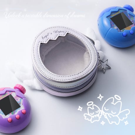 たまごっちパラダイス ケース （Tamagotchi Paradise 用) 天使の羽収納ポーチ PUレザー 保護ケース 透明窓付き 操作可能 バッグチャーム キーホルダー カラビナ付き かわいい