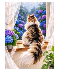 窓辺の猫　紫陽花　雨【Mꕀ☆】