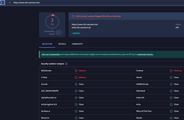 Screenshot von VirusTotal mit mehreren Sicherheits-Scannern, die die Domain nils-saemann.de als potenziell gefährlich einstufen.