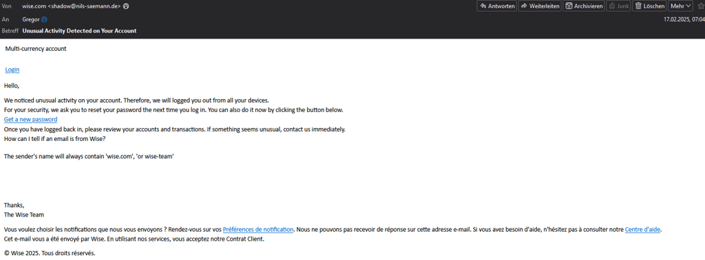 Screenshot einer angeblichen Wise-E-Mail, die über die kompromittierte Domain nils-saemann.de verschickt wird.