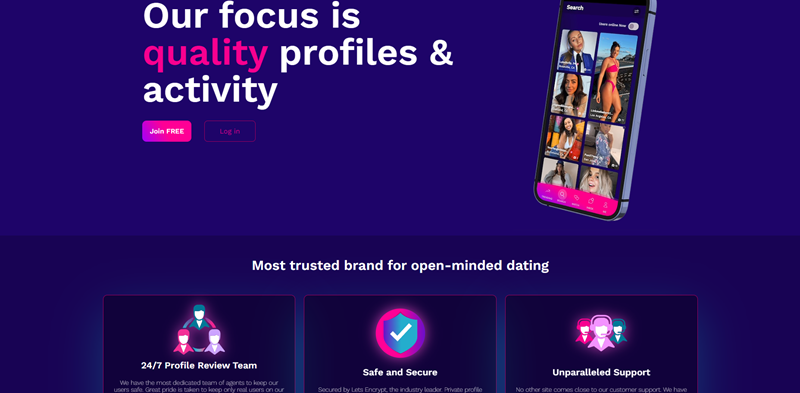Lilafarbene Startseite von HighReply zu sehen, auf der ein Smartphone mit mehreren Profilbildern abgebildet ist. Darüber hinaus finden sich Hinweise auf Qualitätsprofile, 24/7 Profilprüfung und sichere Dating-Funktionen.
