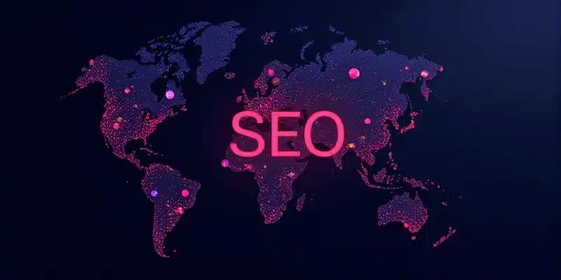 Ein abstraktes Bild mit miteinander verbundenen digitalen Knoten und Suchmaschinensymbolen, die komplexe SEO-Algorithmen in einem lebendigen, flachen Design symbolisieren.