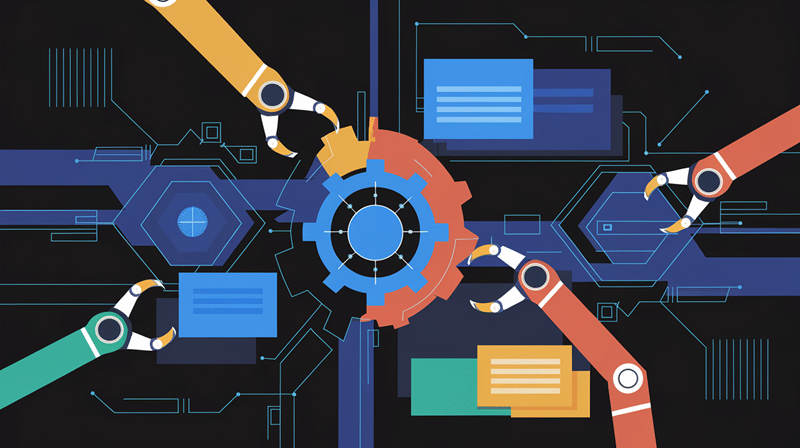 Grafik mit Zahnrädern und Roboterarmen, die die automatisierten Prozesse im Online-Marketing und passives Einkommen darstellen.