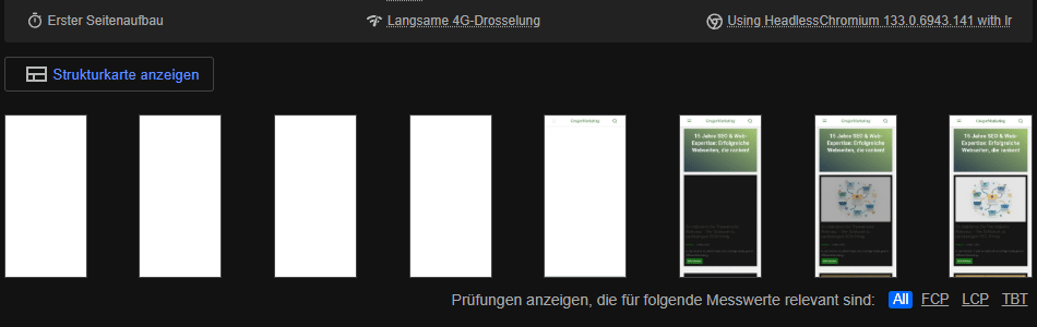 Die den ersten Seitenaufbau unter einer langsamen 4G-Drosselung darstellt. Die verschiedenen Ladephasen der Webseite werden als Sequenz gezeigt, von leeren weißen Blöcken bis zur vollständigen Darstellung der Inhalte.