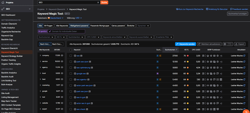 Keyword-Analyse mit einem SEO-Tool. Die Ansicht zeigt relevante Keywords mit Suchvolumen, Schwierigkeitsgrad (KD %), CPC-Werten und SERP-Funktionen.
