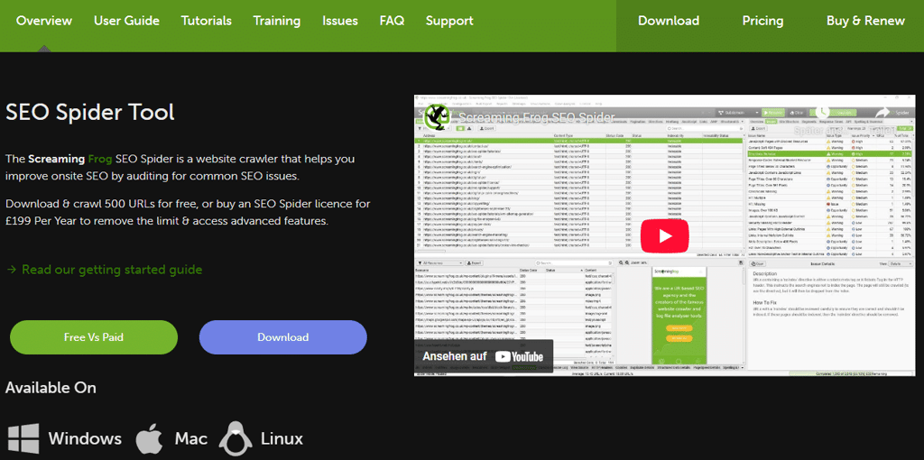 Screenshot der Homepage des Screaming Frog SEO Spider Tools, das einen Überblick über die Funktionen des Website-Crawlers gibt.