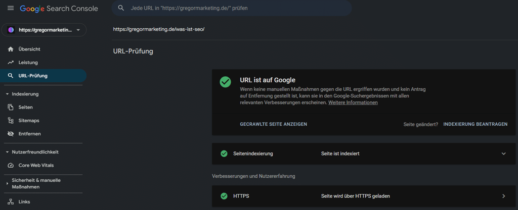 Google Search Console zeigt, dass eine überprüfte URL erfolgreich bei Google indexiert wurde. Die Seite bestätigt zusätzlich HTTPS und weist auf keinerlei Probleme hin.
