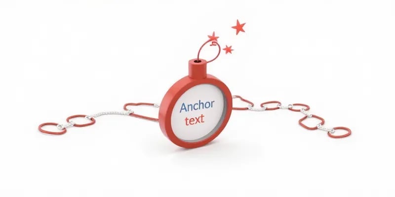 Digitale Vektorillustration einer tickenden Bombe mit dem Schriftzug ‚anchor text‘ und Kettengliedern, die auf die Gefahr von überoptimierten Ankertexten hinweist.