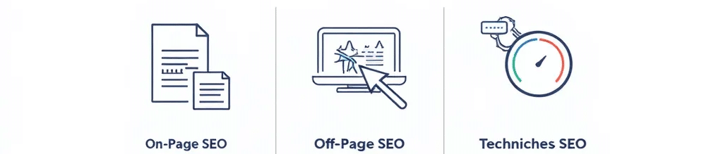 Infografik, die die drei Hauptbereiche von SEO zeigt: On-Page SEO, Off-Page SEO und Technisches SEO.
